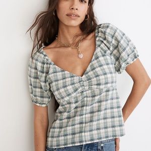 NWT Madewell Plaid Puff-Sleeve Ruched Bodice Top